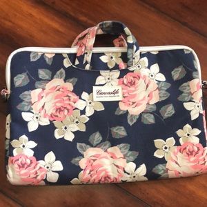 Navy blue and pink floral laptop bag
